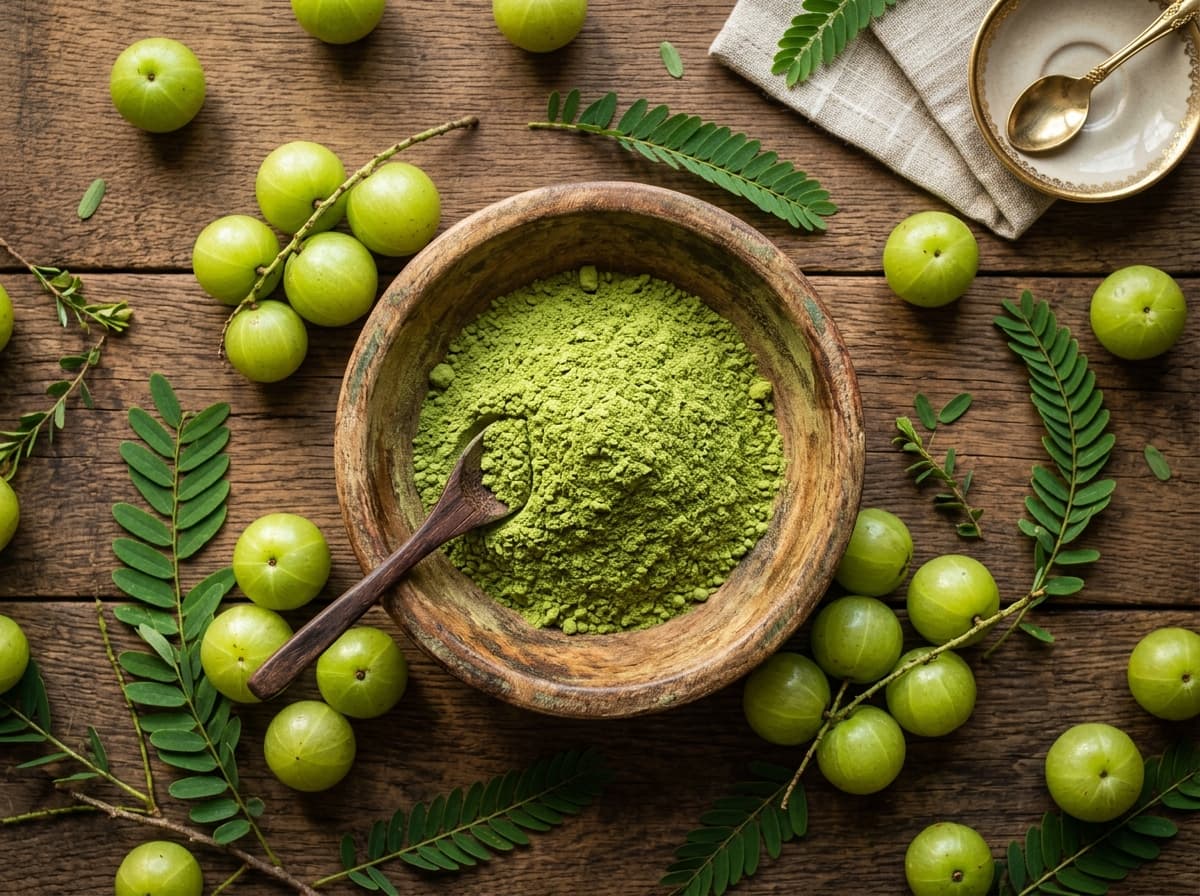 Organic sun-cured Amla powder in natural brass bowl