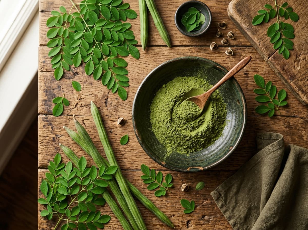 Organic Moringa Powder with fresh green moringa oleifera leaves